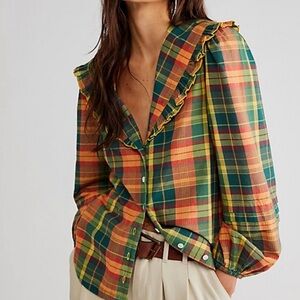 NWOT Free People Molly Ruffle Plaid Top XS